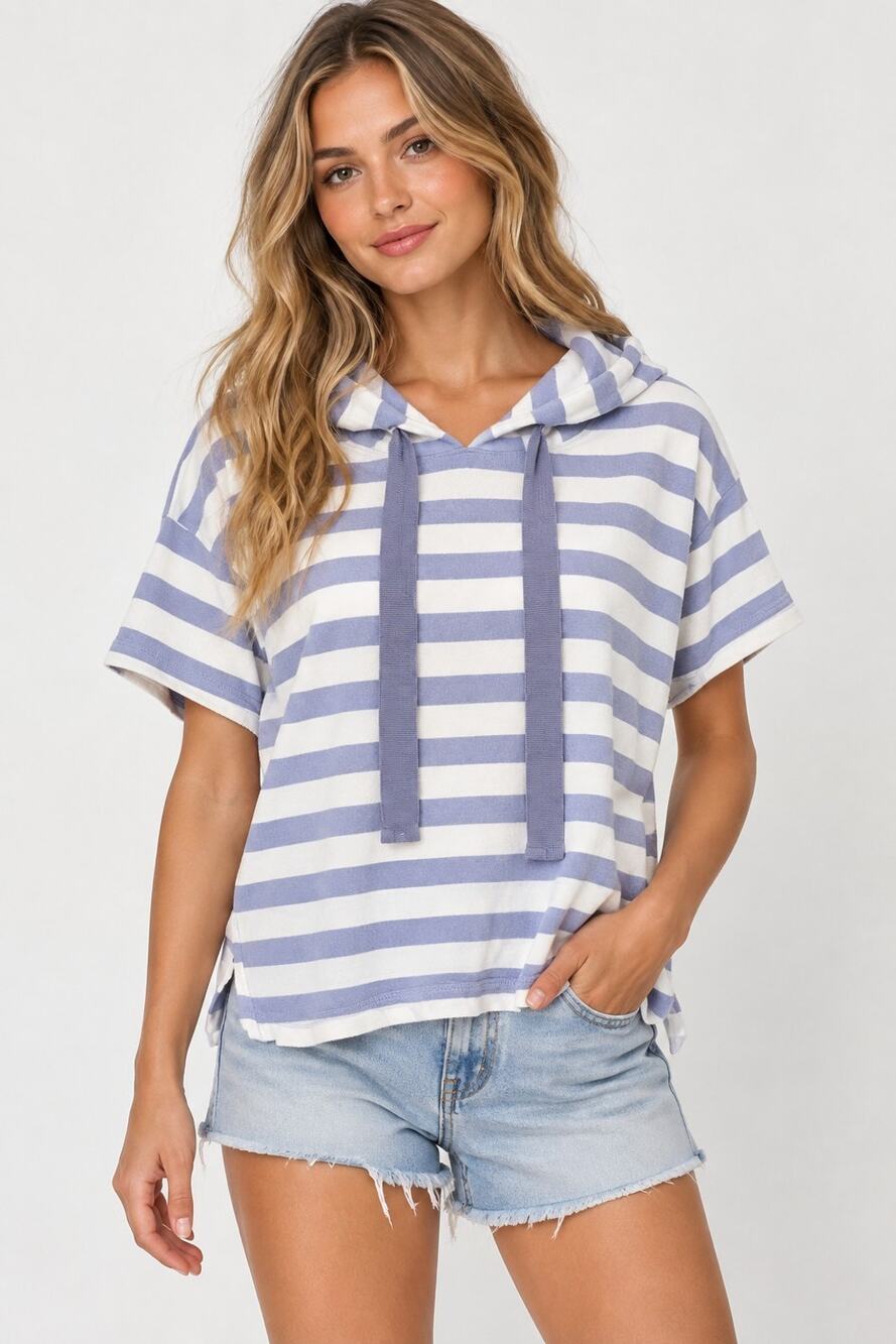 Anthropologie Maeve Boxy Purple Strip Short Sleeve Cotton Hoodie Top XL